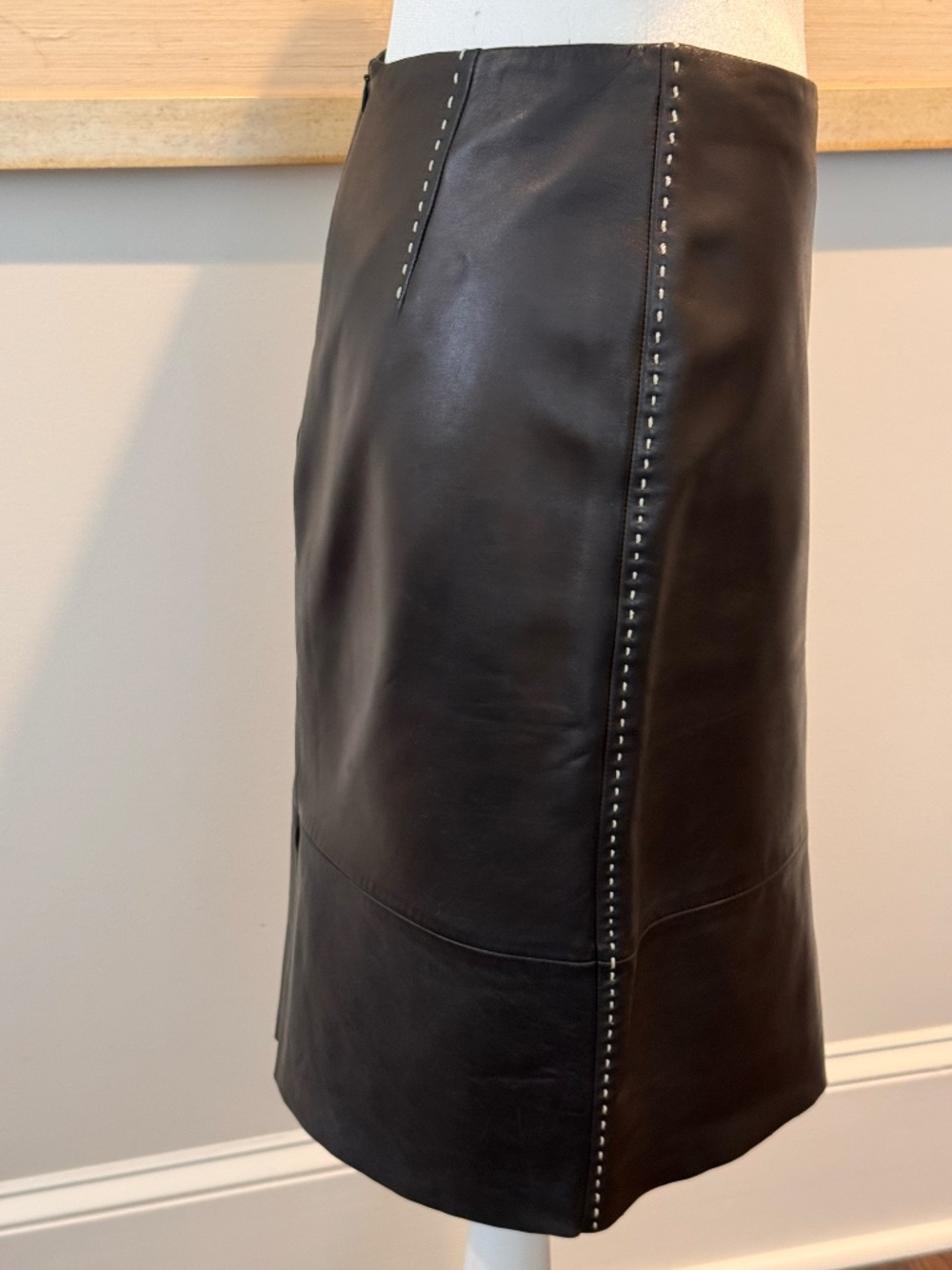 Black Leather Pencil Skirt with White Stitching